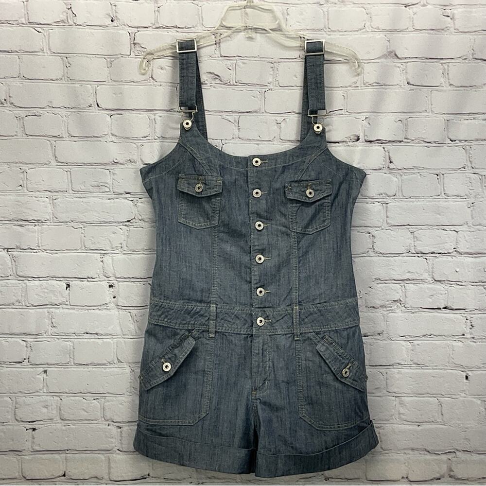 Guess Denim Romper Shortalls Women's Size 30 Blue Button Up Summer Festival